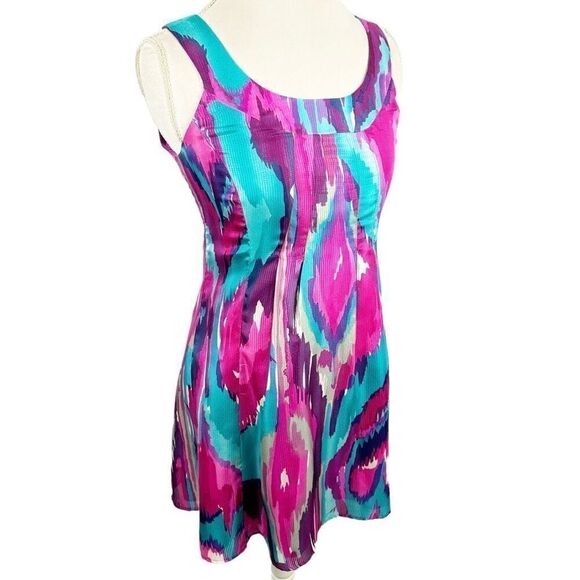 Nanette Leopore Dress A-Line Baby Doll 100% Silk Pink Blue Ikat Print Size 2 - Picture 6 of 9